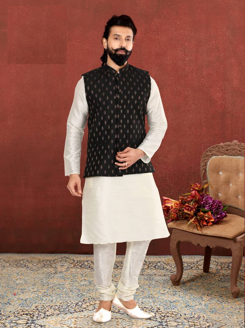 Men Black Cotton Silk Nehru Jacket with Plain White Dupion Silk Kurta Churidar