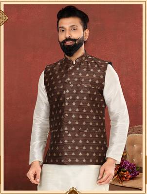 Men Brown Jacquard Silk Nehru Jacket with Plain White Dupion Silk Kurta Churidar 1