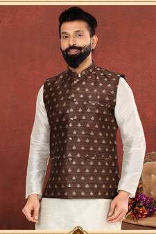 Men Brown Jacquard Silk Nehru Jacket with Plain White Dupion Silk Kurta Churidar