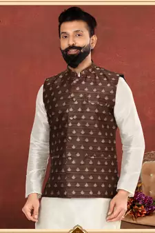 Men Brown Jacquard Silk Nehru Jacket with Plain White Dupion Silk Kurta Churidar