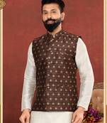 Men Brown Jacquard Silk Nehru Jacket with Plain White Dupion Silk Kurta Churidar