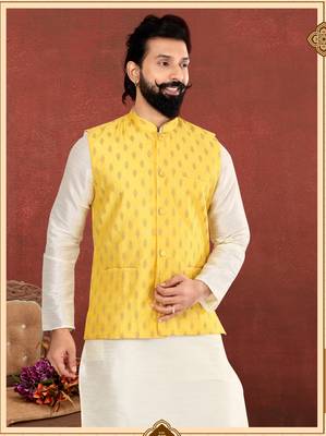 Men Yellow Cotton Silk Nehru Jacket with Plain White Dupion Silk Kurta Churidar 1