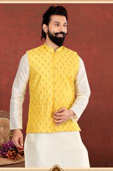 Men Yellow Cotton Silk Nehru Jacket with Plain White Dupion Silk Kurta Churidar