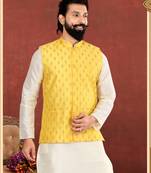 Men Yellow Cotton Silk Nehru Jacket with Plain White Dupion Silk Kurta Churidar