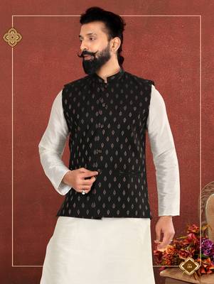 Men Black Cotton Silk Nehru Jacket with Plain White Dupion Silk Kurta Churidar 1