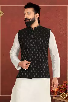 Men Black Cotton Silk Nehru Jacket with Plain White Dupion Silk Kurta Churidar
