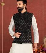 Men Black Cotton Silk Nehru Jacket with Plain White Dupion Silk Kurta Churidar