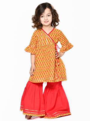 Orange & Red cotton Printed sharara and angrakha kurta for girls 1