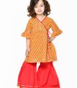 Orange & Red cotton Printed sharara and angrakha kurta for girls