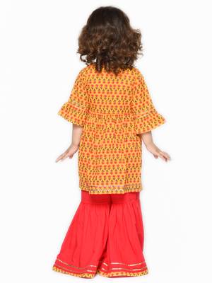Orange & Red cotton Printed sharara and angrakha kurta for girls 2