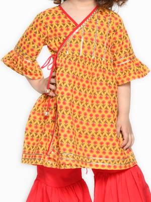 Orange & Red cotton Printed sharara and angrakha kurta for girls 3