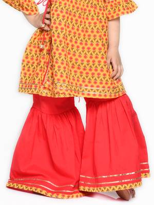 Orange & Red cotton Printed sharara and angrakha kurta for girls 4