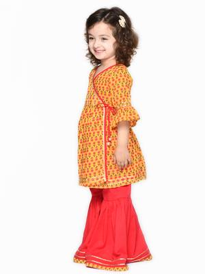 Orange & Red cotton Printed sharara and angrakha kurta for girls 5
