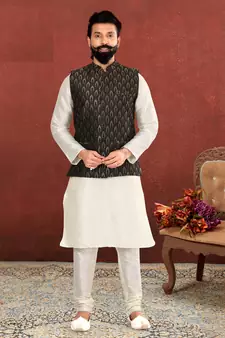 Men Black Jacquard Silk Nehru Jacket with Plain White Dupion Silk Kurta Churidar