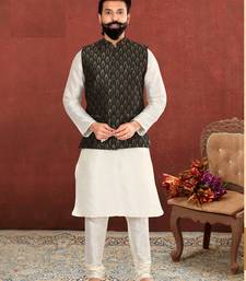 Men Black Jacquard Silk Nehru Jacket with Plain White Dupion Silk Kurta Churidar