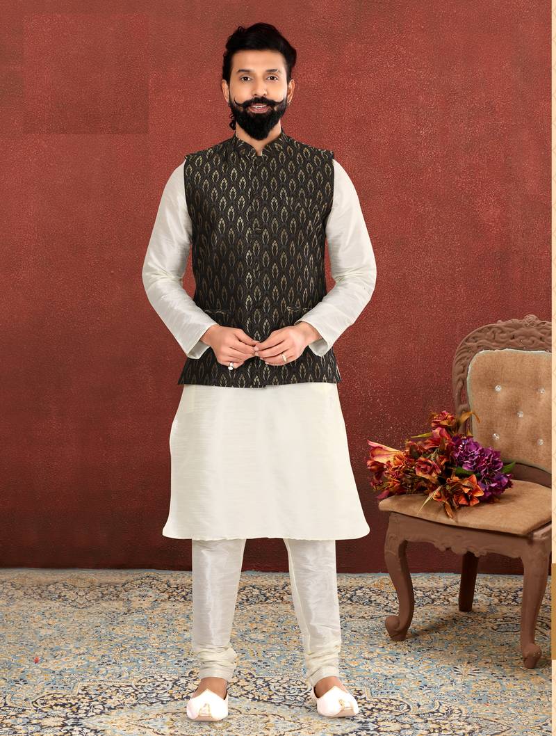 Men Black Jacquard Silk Nehru Jacket with Plain White Dupion Silk Kurta Churidar