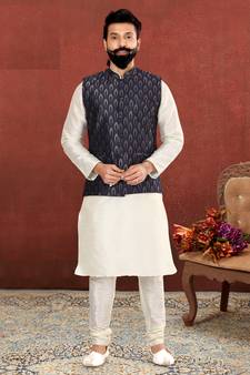 Men Blue Jacquard Silk Nehru Jacket with Plain White Dupion Silk Kurta Churidar