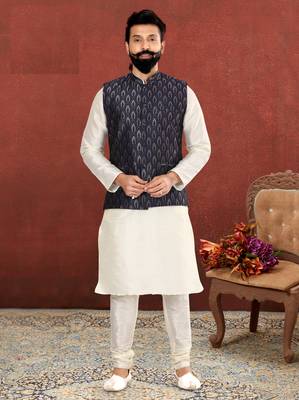 Men Blue Jacquard Silk Nehru Jacket with Plain White Dupion Silk Kurta Churidar 1