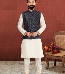 Men Blue Jacquard Silk Nehru Jacket with Plain White Dupion Silk Kurta Churidar