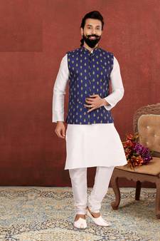 Men Blue Cotton Nehru Jacket with Plain White Dupion Silk Kurta Churidar