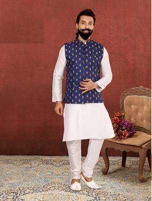 Men Blue Cotton Nehru Jacket with Plain White Dupion Silk Kurta Churidar 1