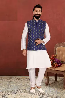 Men Blue Cotton Nehru Jacket with Plain White Dupion Silk Kurta Churidar