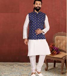 Men Blue Cotton Nehru Jacket with Plain White Dupion Silk Kurta Churidar