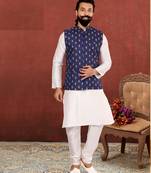Men Blue Cotton Nehru Jacket with Plain White Dupion Silk Kurta Churidar