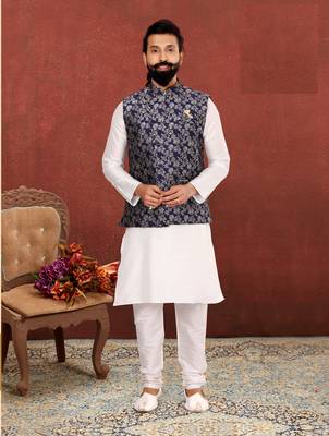 Men Navy Blue Jacquard Silk Nehru Jacket with Plain White Dupion Silk Kurta Churidar 1