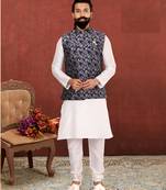 Men Navy Blue Jacquard Silk Nehru Jacket with Plain White Dupion Silk Kurta Churidar