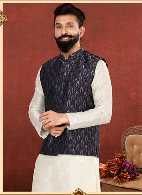 Men Blue Jacquard Silk Nehru Jacket with Plain White Dupion Silk Kurta Churidar 7