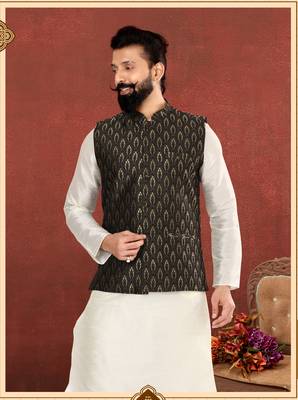 Men Black Jacquard Silk Nehru Jacket with Plain White Dupion Silk Kurta Churidar 7