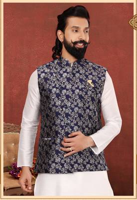 Men Navy Blue Jacquard Silk Nehru Jacket with Plain White Dupion Silk Kurta Churidar 7