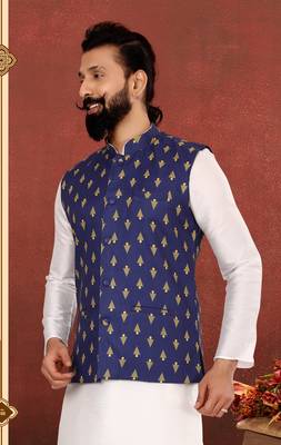 Men Blue Cotton Nehru Jacket with Plain White Dupion Silk Kurta Churidar 7