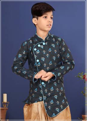 Boy's Black Jacquard Silk Kurta Dhoti Set 7