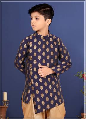 Boy's Blue Jacquard Silk Kurta Dhoti Set 7