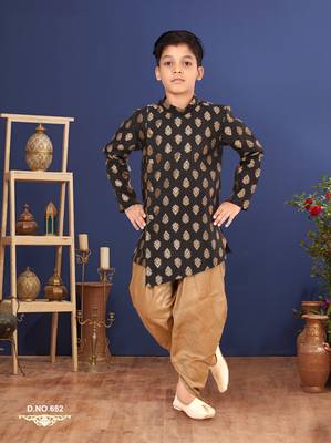 Boy's Black Jacquard Silk Kurta Dhoti Set 1