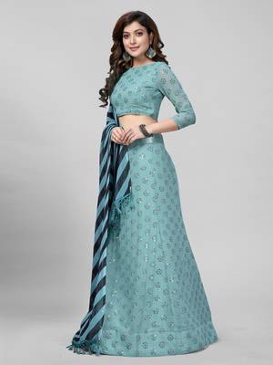 Turquoise Sequined Embroidered Georgette Fancy Lehenga Choli with Blouse Piece 2
