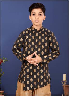 Boy's Black Jacquard Silk Kurta Dhoti Set 7