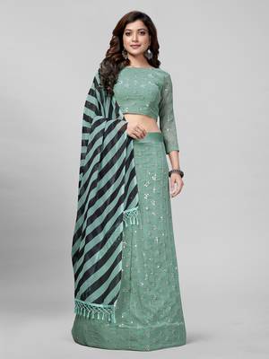 Light Green Sequined Embroidered Georgette Fancy Lehenga Choli with Blouse Piece 1