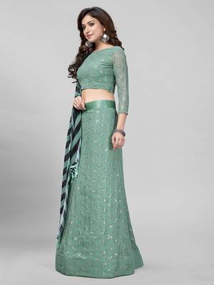 Light Green Sequined Embroidered Georgette Fancy Lehenga Choli with Blouse Piece 2