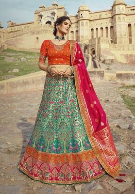 Multicolor hand woven silk semi stitched lehenga 1