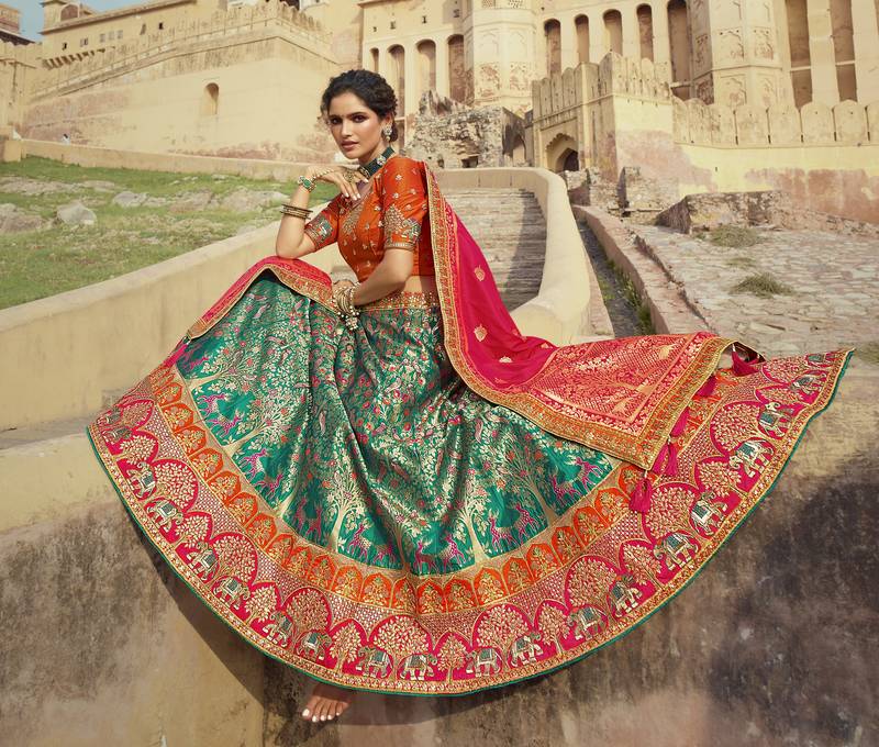 Multicolor hand woven silk semi stitched lehenga
