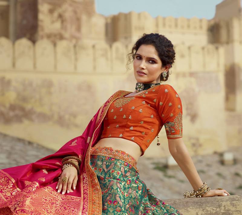 Multicolor hand woven silk semi stitched lehenga