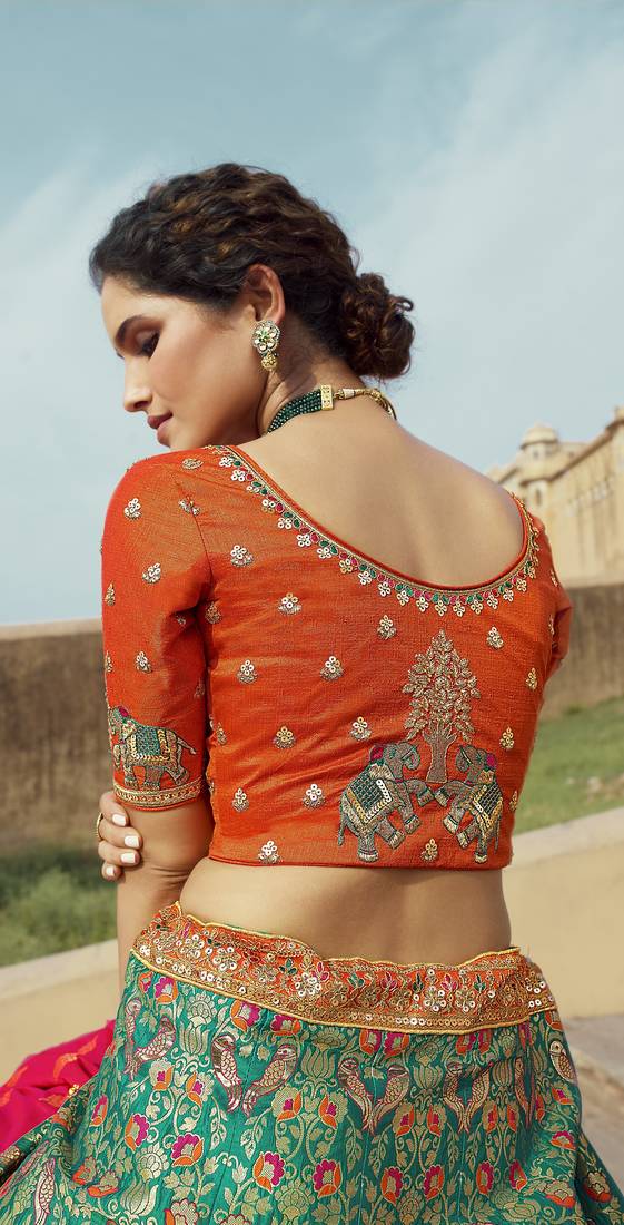 Multicolor hand woven silk semi stitched lehenga