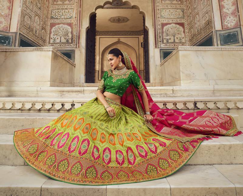 Multicolor hand woven silk semi stitched lehenga