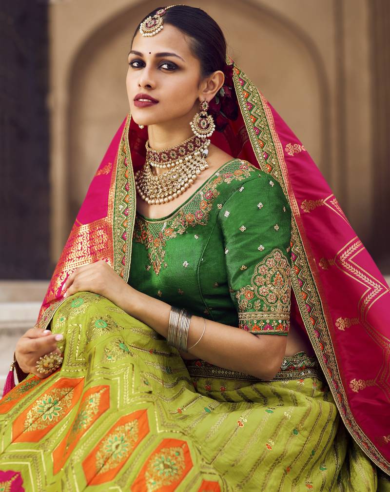 Multicolor hand woven silk semi stitched lehenga