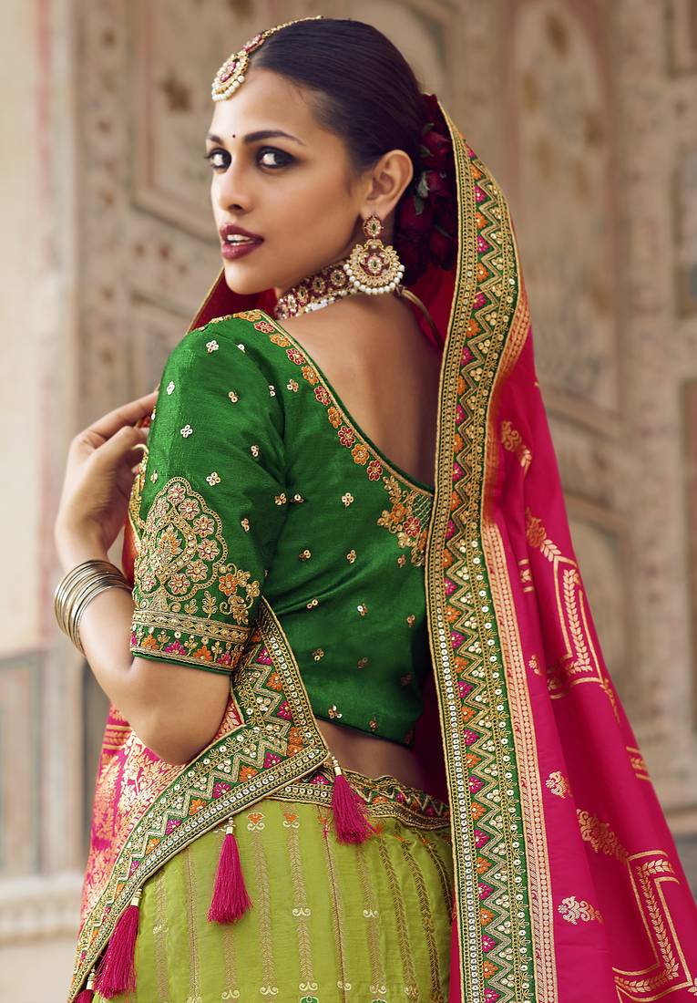 Multicolor hand woven silk semi stitched lehenga
