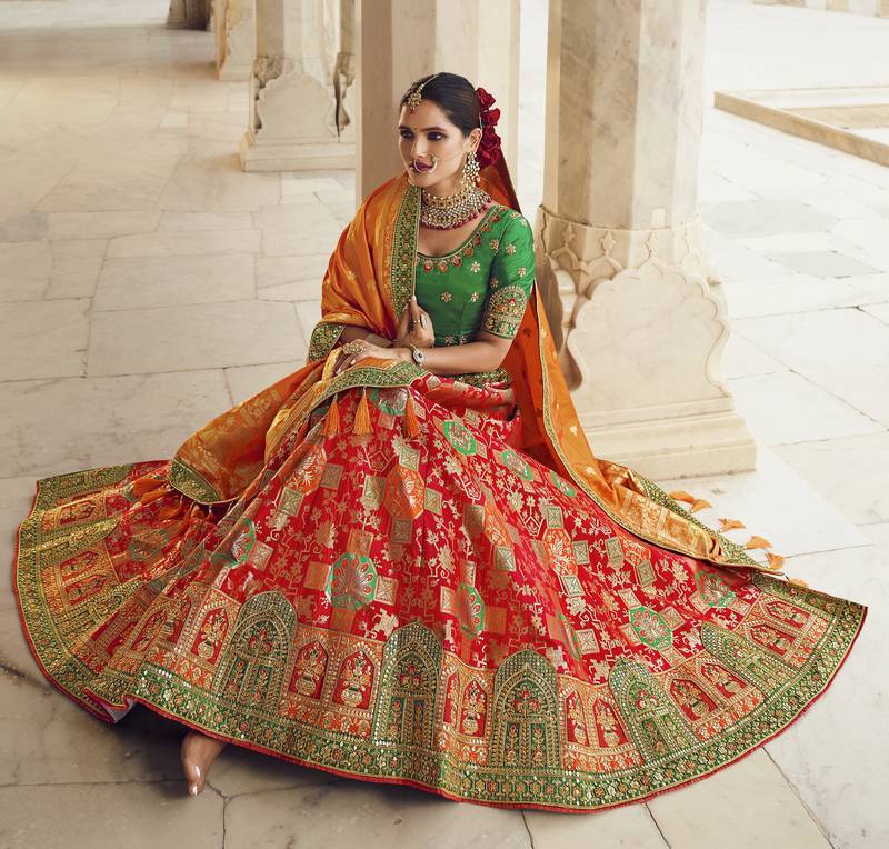 Multicolor hand woven silk semi stitched lehenga
