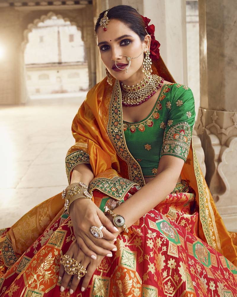 Multicolor hand woven silk semi stitched lehenga